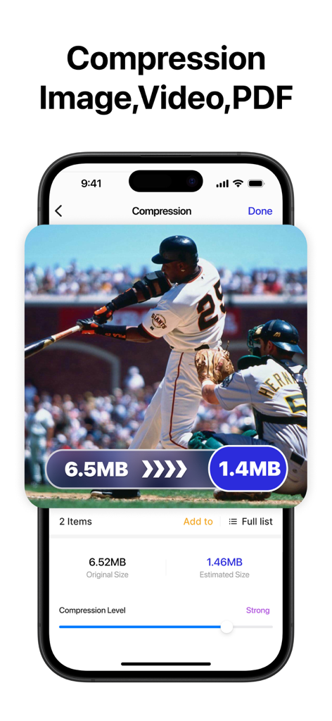Zip & RAR & 7z File Extractor - Capture d'écran iPhone montrant la compression d'image de 6,5 Mo à 1,4 Mo dans l'application Zip & RAR & 7z