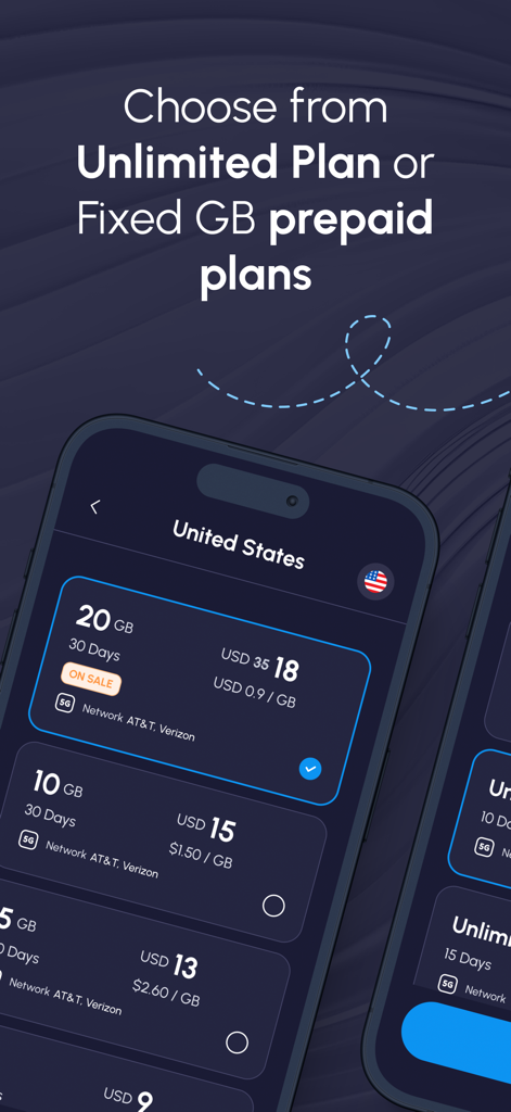 Nomad eSIM: Prepaid Data Plan - Interface de l'application Nomad eSIM affichant divers forfaits de données prépayées pour les États-Unis
