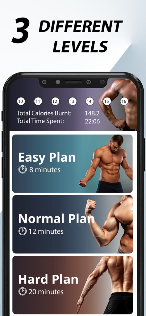 Arm Workouts for Men - Arm Workouts for Men app interface displaying three workout intensity levels including easy normal and hard plans