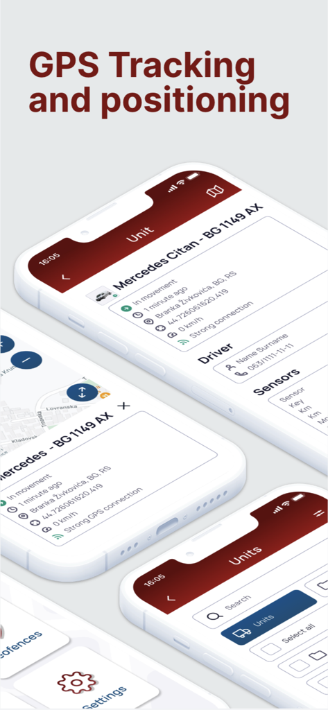 FMS Technology - Schermate dell'applicazione mobile FMS Technology che mostrano il tracciamento GPS in tempo reale e i dati dei sensori dei veicoli.