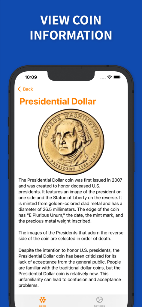Price Guide - U.S. Coin Values - Educational screen showing history and details of the US Presidential Dollar coin series with a George Washington dollar image.