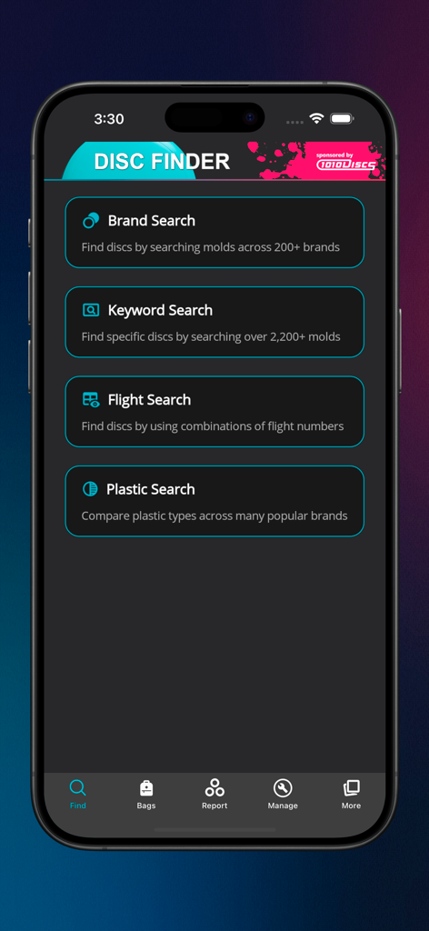 Disc Finder: Disc Golf Bag - The main search interface of the Disc Finder app showing options for brand keyword flight and plastic searches