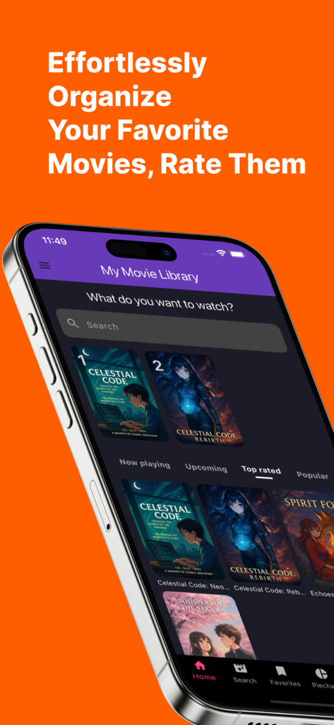 AniStreamX mobile app interface showing a movie library with anime-style posters and categories like Top Rated.