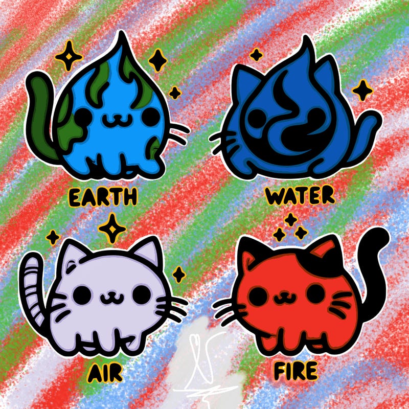 4 cats that represent the different elements, earth, water, air, and fire