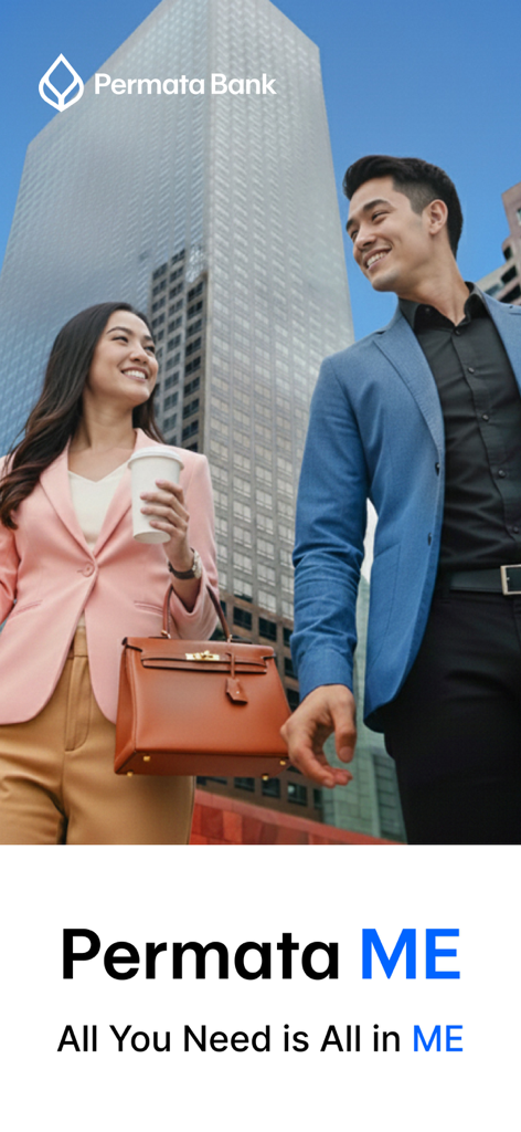 Permata ME - Two young professionals walking in an urban setting with the Permata ME app slogan All You Need is All in ME