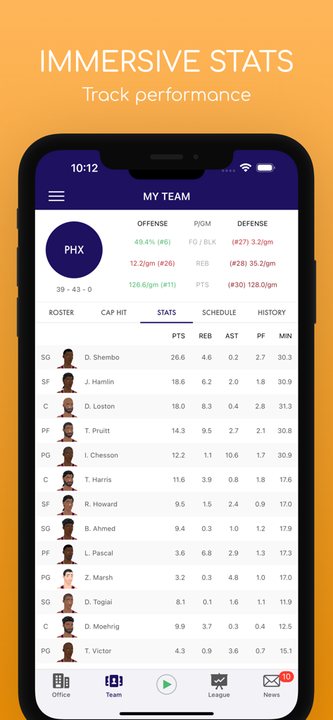 Pocket GM: Basketball Sim - In-game screenshot of Pocket GM Basketball Sim showing detailed player performance statistics and team offensive and defensive ratings.