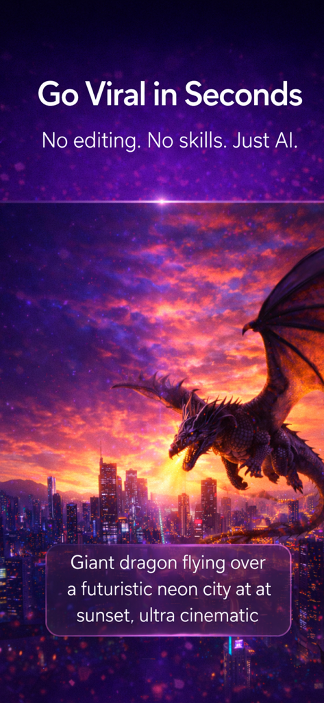 AI Video Generator & Video AI - AI video generator interface showing a cinematic dragon flying over a futuristic neon city at sunset.