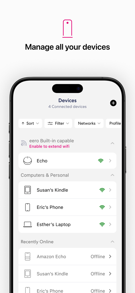 T-Mobile Fiber: eero - T-Mobile Fiber eeroアプリの画面。接続されているデバイスのリストとそのWiFiステータスが表示されます。