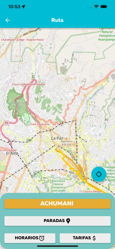 Map view of the Achumani bus route within the La Paz Bus mobile application showing stops and schedules