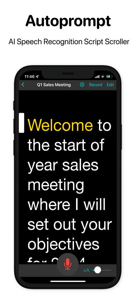 Autoprompt Pro AI Teleprompter - Interfaz del teleprompter Autoprompt Pro AI mostrando un guion para una reunión de ventas en un iPhone