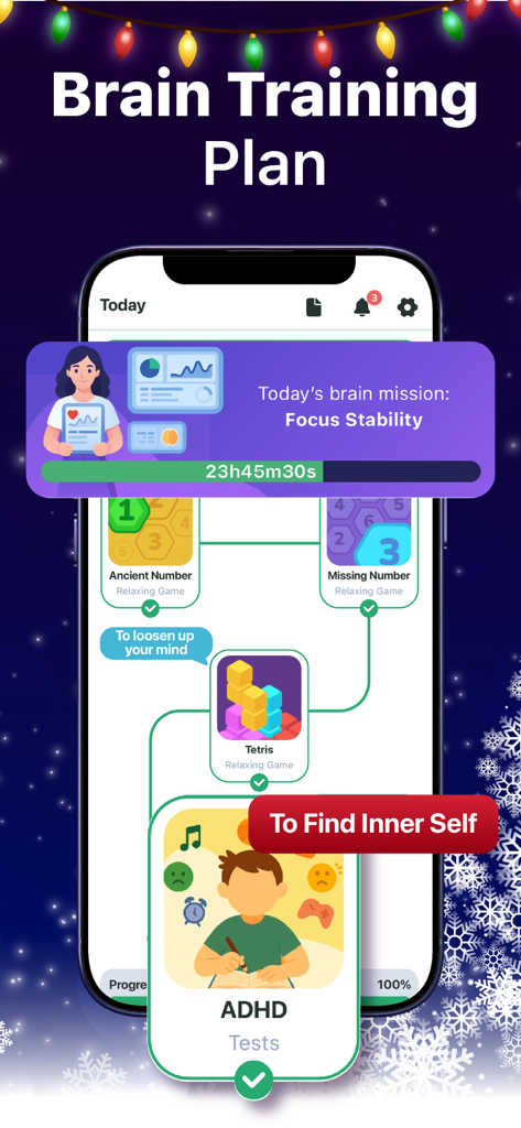 BRAIN101: Brain Training Games - Interface do aplicativo BRAIN101 mostrando um plano diário de treinamento cerebral com missões de estabilidade de foco e mini-jogos cognitivos como Tetris e testes de TDAH.