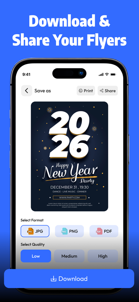 Poster Maker, Flyer Creator - カスタマイズされたフライヤーデザインのダウンロード、印刷、共有のためのモバイルアプリインターフェース。