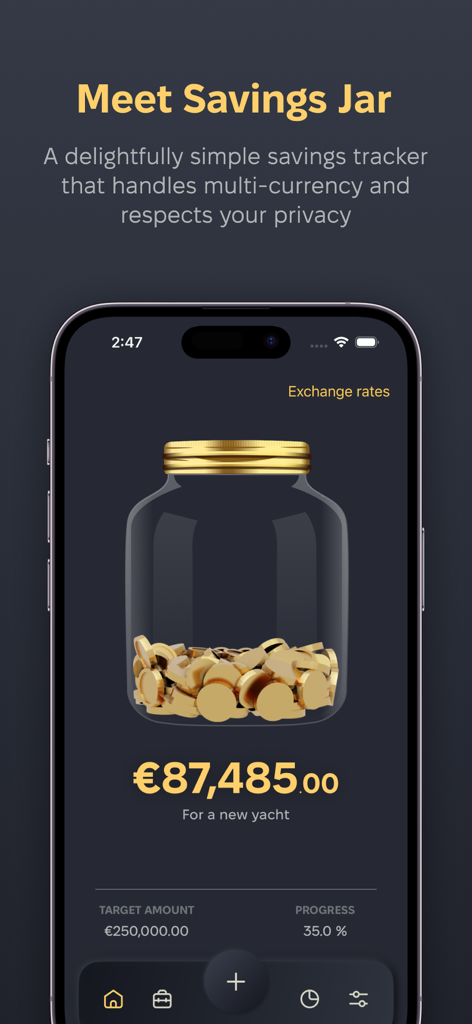 Savings tracker for big goals - Savings Jar app interface showing a visual coin jar and progress toward a savings goal