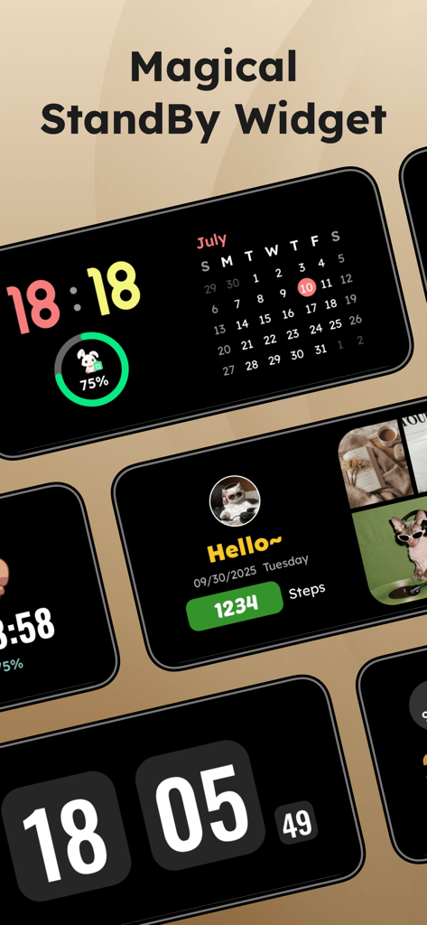 Themerella: Wallpaper & Widget - A variety of aesthetic iPhone StandBy widgets including digital clocks, a calendar, battery percentage, and a step counter.