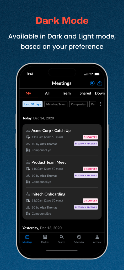 Avoma mobile app showing a list of recorded meetings in dark mode