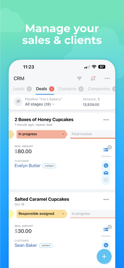 Interfaz de la aplicación móvil Bitrix24 mostrando la gestión de ventas y acuerdos de CRM para propietarios de negocios