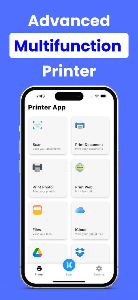 Printer App Smart Printer・ - Main interface of the Printer App on iPhone showing options for scanning and printing documents, photos, and web content