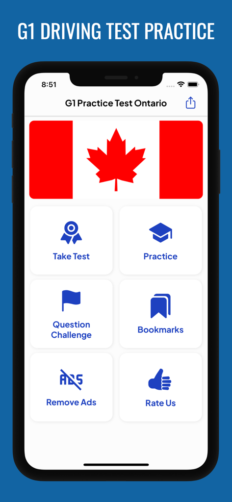 G1 Practice Test Ontario 2025 - G1 Practice Test Ontario app home screen showing test and practice options