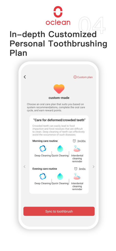 Oclean Care+ - Oclean Care plus app interface showing a personalized toothbrushing plan with morning and evening routines