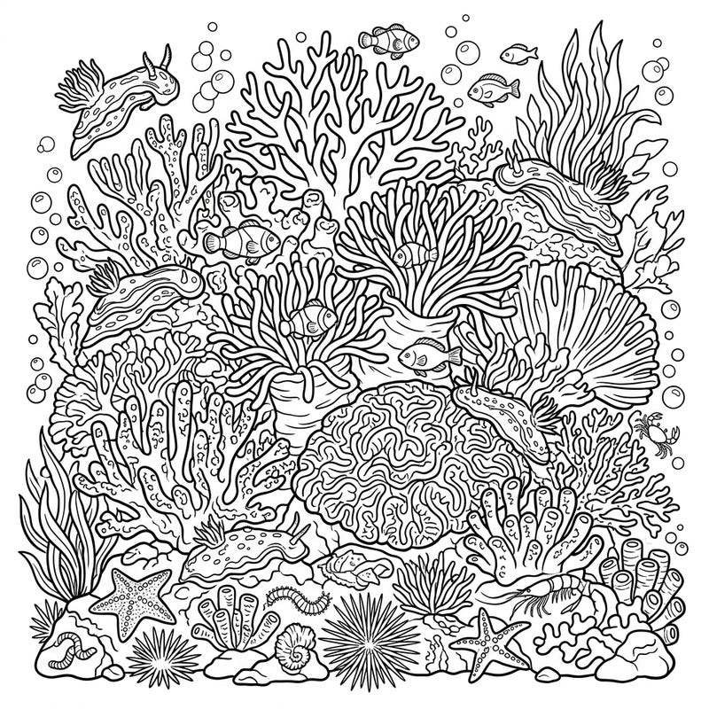 Discover the vibrant world beneath the waves with this captivating coral reef creatures coloring page. Featuring a diverse array of marine life, it's perfect for anyone who loves ocean-themed art.