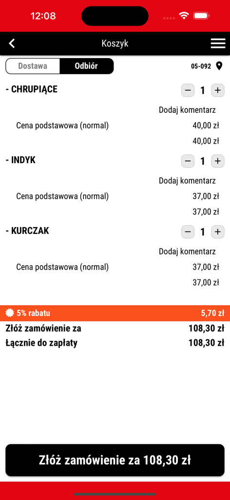 CHIŃCZYK ŁOMIANKI MM - Mobile app screen showing a food order summary with chicken and turkey dishes and a total price in Polish Zloty.