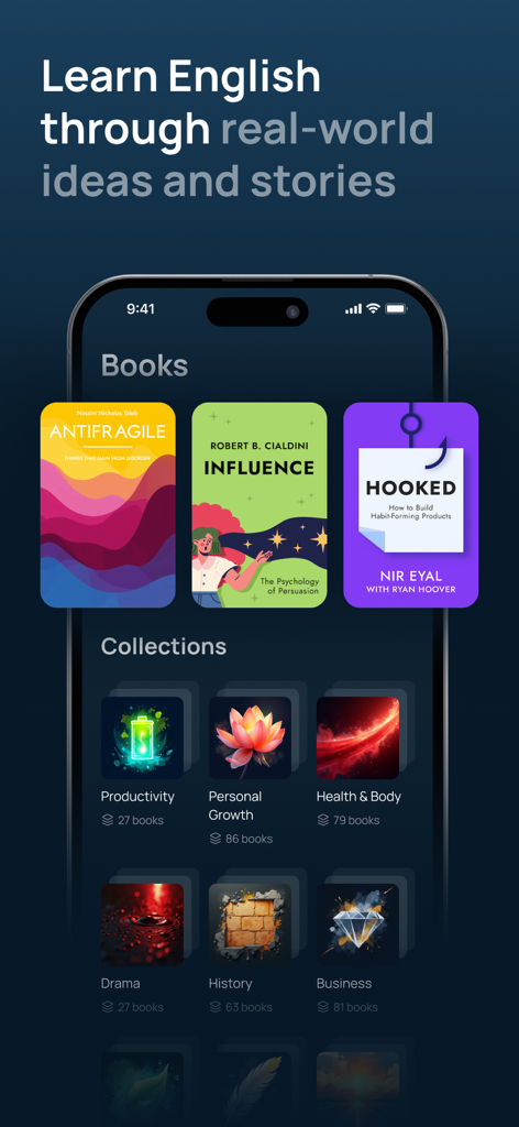 Storist: Read & Speak English - Storist app interface displaying a library of books and collections for learning English through real-world topics.