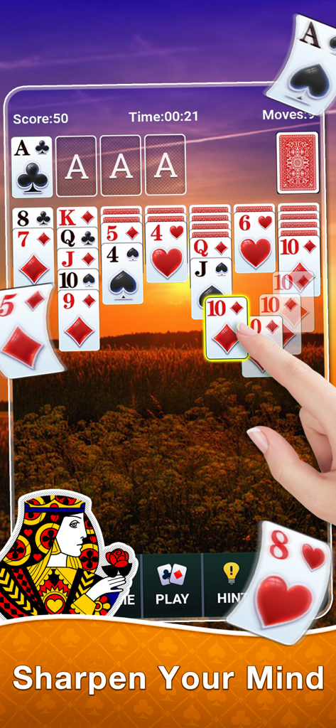 Solitaire-Brain Training - A hand moving a card in a Klondike Solitaire game with a sunset landscape background and text that says Sharpen Your Mind.