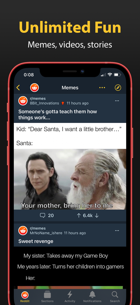 Sigma: Your Feeds United - Sigma app interface showing a Reddit meme feed with the headline Unlimited Fun