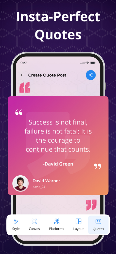 Smartphone showing the Quotes Maker app interface with a motivational success quote on a gradient background