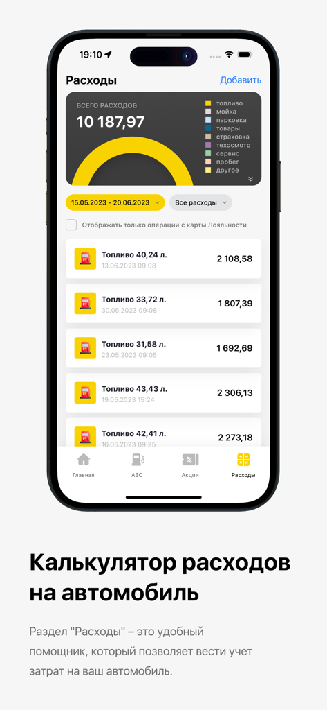 АЗС Роснефть - Screenshot of the Rosneft mobile app car expense calculator displaying a summary of fuel costs and transaction history