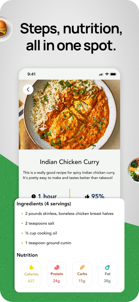 MealMatch AI: Meal Planner - Indian Chicken Curry recipe screen in MealMatch AI app showing ingredients and nutritional breakdown