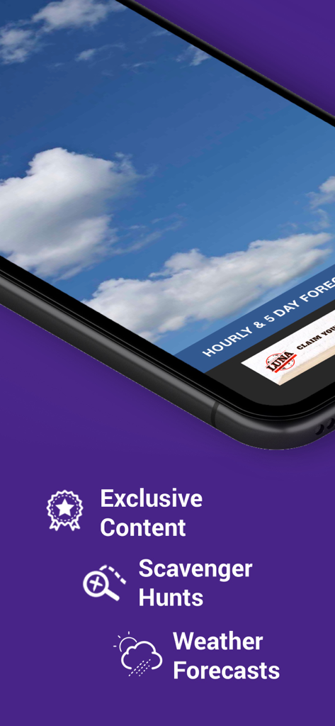 Tela do 318 News App mostrando caças ao tesouro de previsão do tempo e conteúdo exclusivo