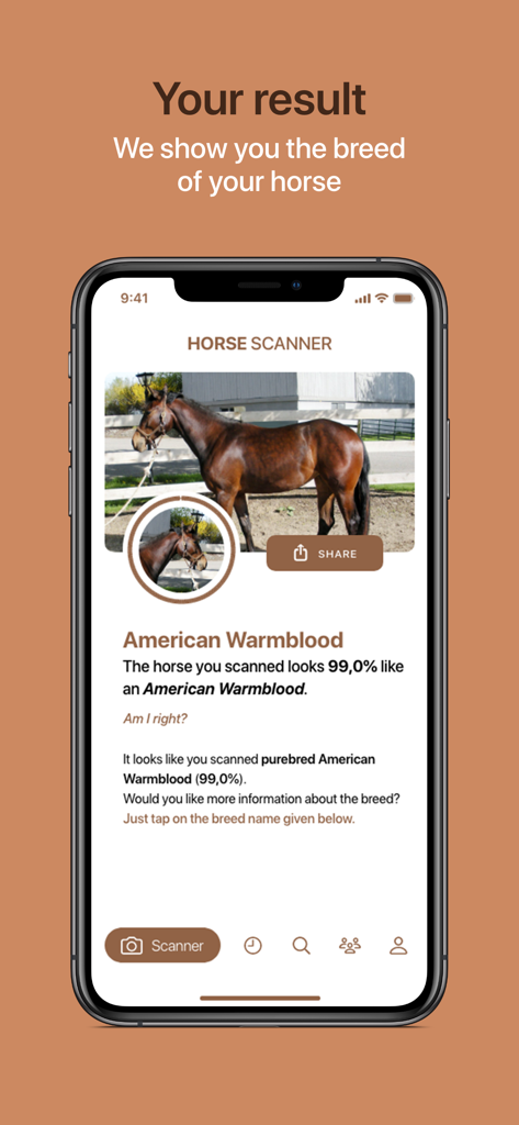 Captura de pantalla de la aplicación Horse Scanner que muestra una coincidencia de identificación del noventa y nueve por ciento para la raza American Warmblood