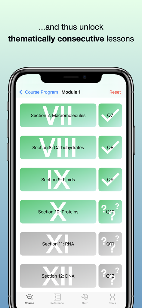 Codon One: Learning Biology - Codon One app interface showing biology lesson modules like macromolecules and genetics with progress markers