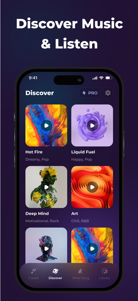 Discover screen in the Soundful AI Music Generator app showing generated songs.