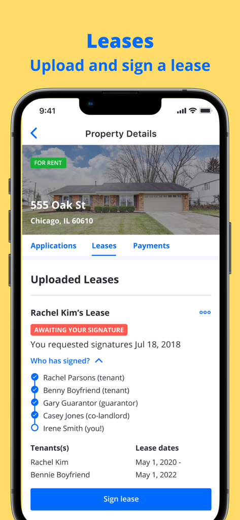 Interfaccia dell'app Zillow Rental Manager che mostra lo stato della firma del contratto di locazione e lo stato della firma digitale per una proprietà in affitto