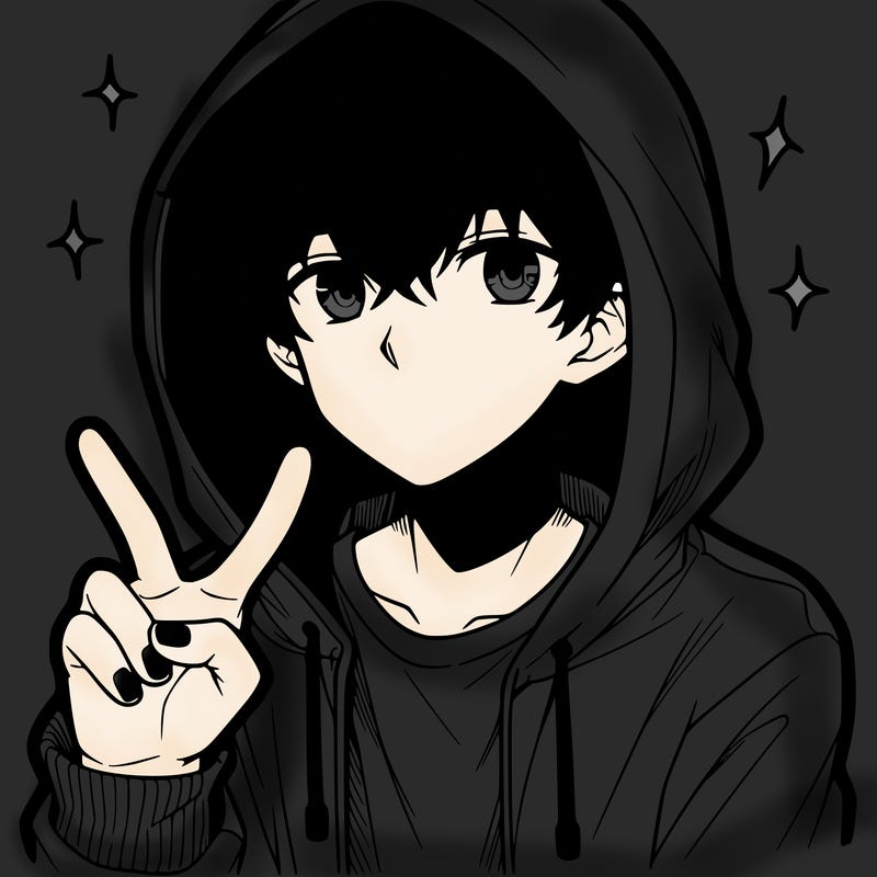 teenage manga boy in a hoodie, doing ✌