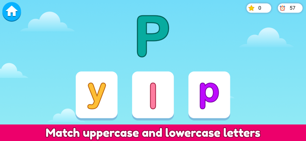 Interactive screen matching uppercase letter P with its lowercase counterpart in a phonics learning app