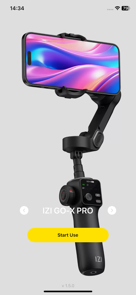 IZI GO - IZI GO app start screen showing the IZI GO-X PRO handheld gimbal with a smartphone