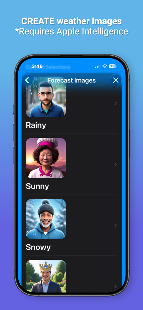 Please Don't Rain - Benutzeroberfläche mit KI-generierten Charakterbildern für Regen-, Sonnenschein- und Schneewettervorhersagen