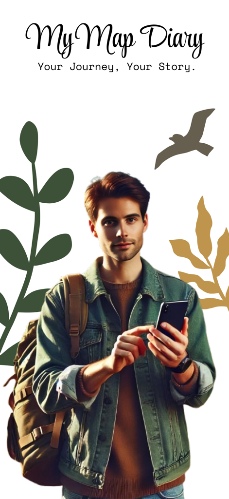 My Map Diary - A young traveler with a backpack holding a smartphone featuring the My Map Diary app logo and slogan