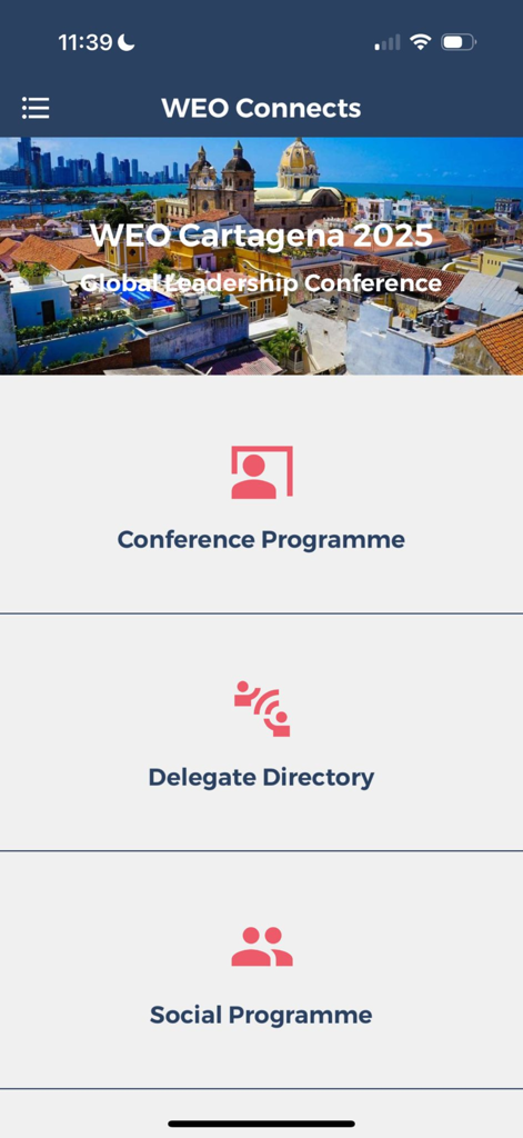 WEO Connects - Tela inicial do aplicativo WEO Connects para a Conferência Global de Liderança de Cartagena 2025, mostrando opções de menu para programa e diretório