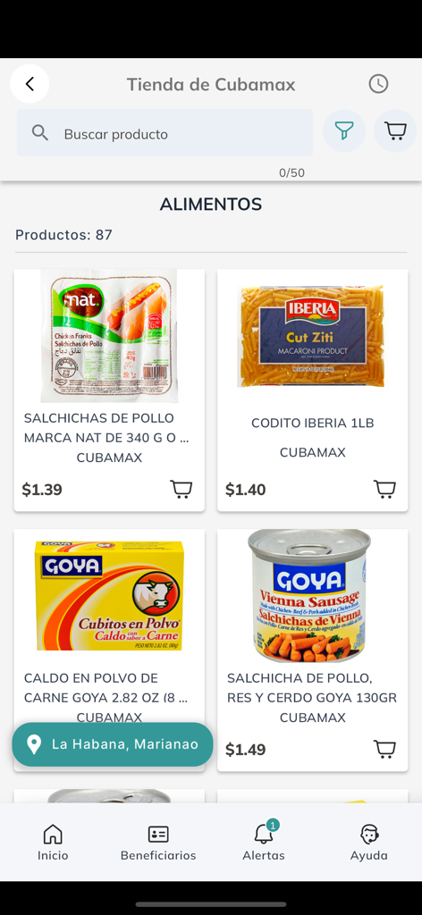 CubaMax - Interface of the CubaMax app grocery store featuring food items for delivery to Havana