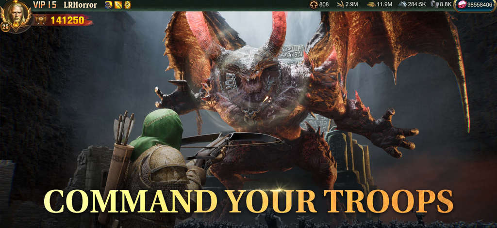 An archer with a crossbow facing a massive winged monster in the game War and Order