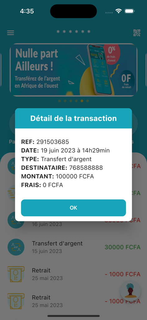 Transaktionsbestätigungsbildschirm in der Wizall Money App, der eine Geldüberweisung mit null Gebühren zeigt