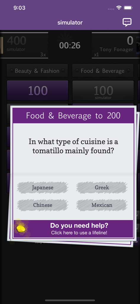 Quizmo - A Quizmo app screenshot showing a food and beverage trivia question and lifeline option.