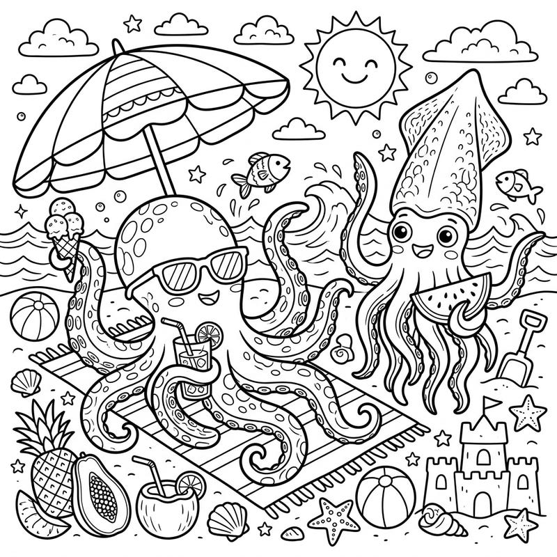 Get ready for an undersea summer adventure with this playful coloring page! Join a cool octopus and a friendly squid as they soak up the sun on a vibrant beach, perfect for creative minds.