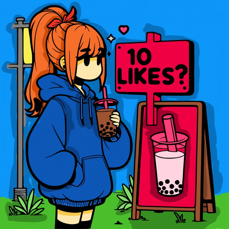girl with oversized hoodie drinking boba and she has a high ponytail with a sign that says 10likes?