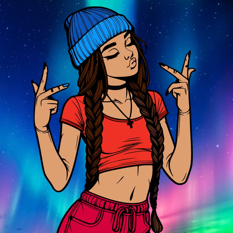 realistic teenage girl with braids and a beanie and crop top doing 🫶🏼