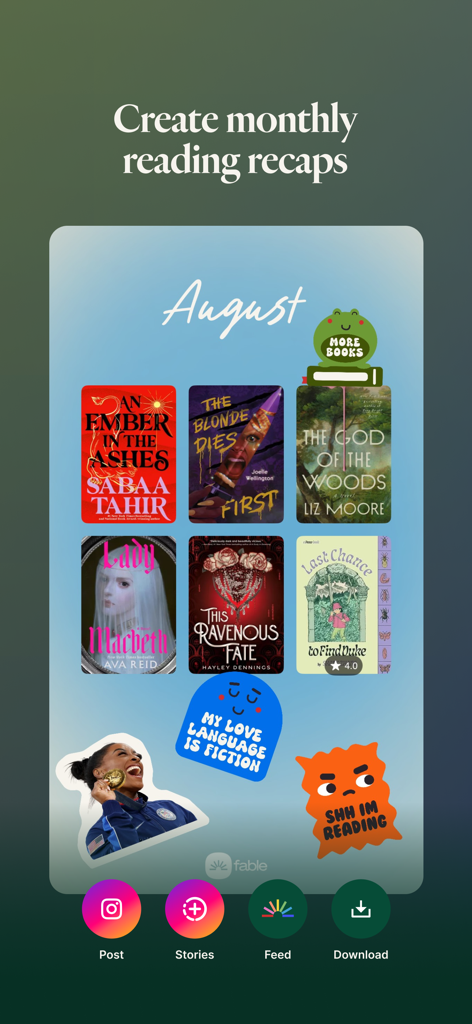 A monthly reading recap screen in the Fable app featuring book covers and aesthetic stickers for social media sharing.